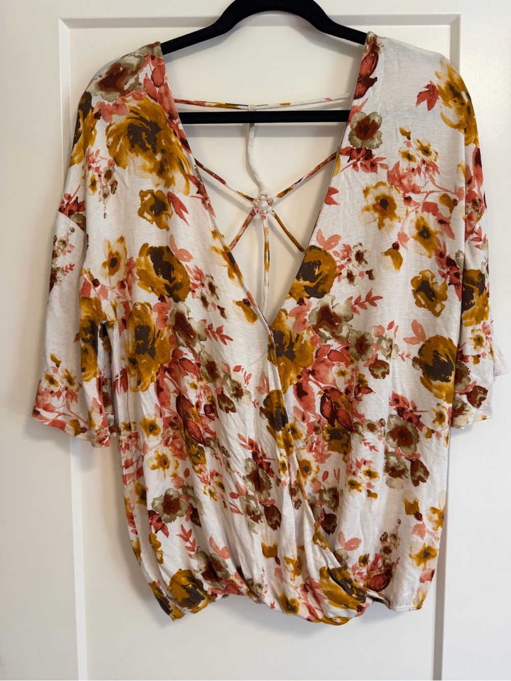 Daytrip Floral Wrap Blouse in cream, golden yellow, & dusty rose